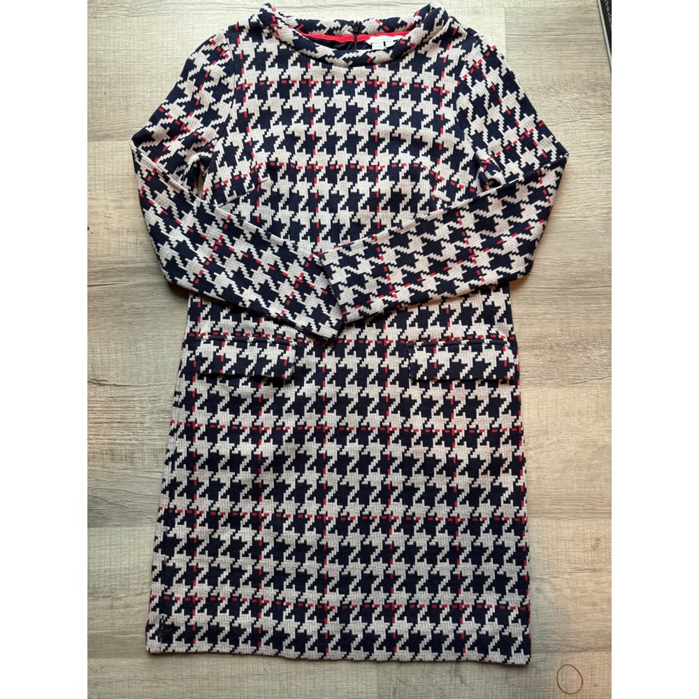 Boden Houndstooth Knit Dress Navy Red Cream Long Sleeve Pockets size 12 womens